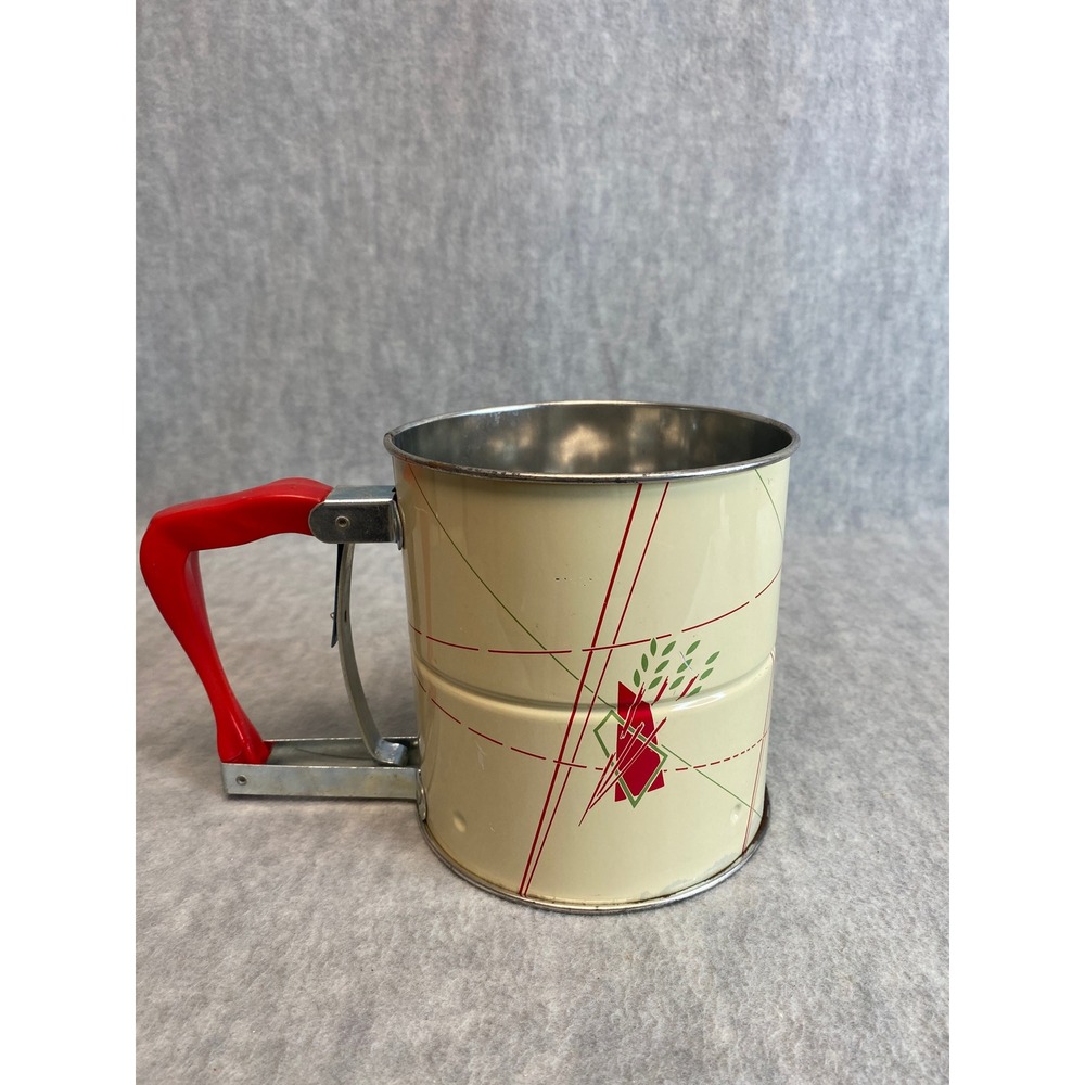 Vintage Sifter Cream Tin Flour Red‎ Handle Retro Kitchen Baking Tool Retro